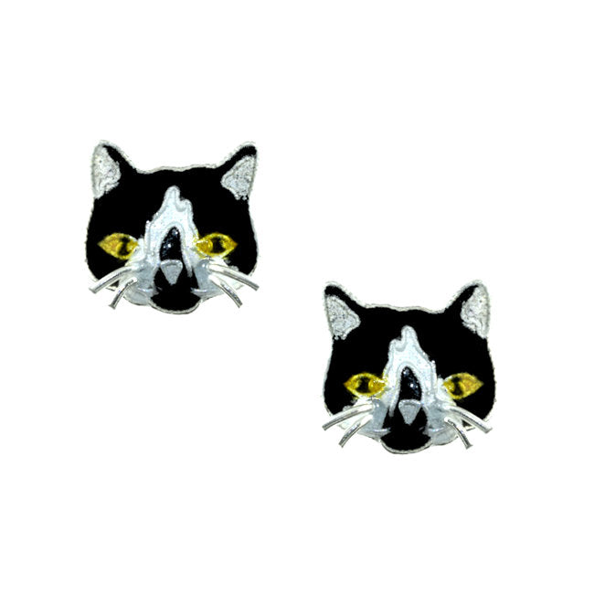 Tuxedo Cat Sterling Silver plated stud Earrings with Enamels