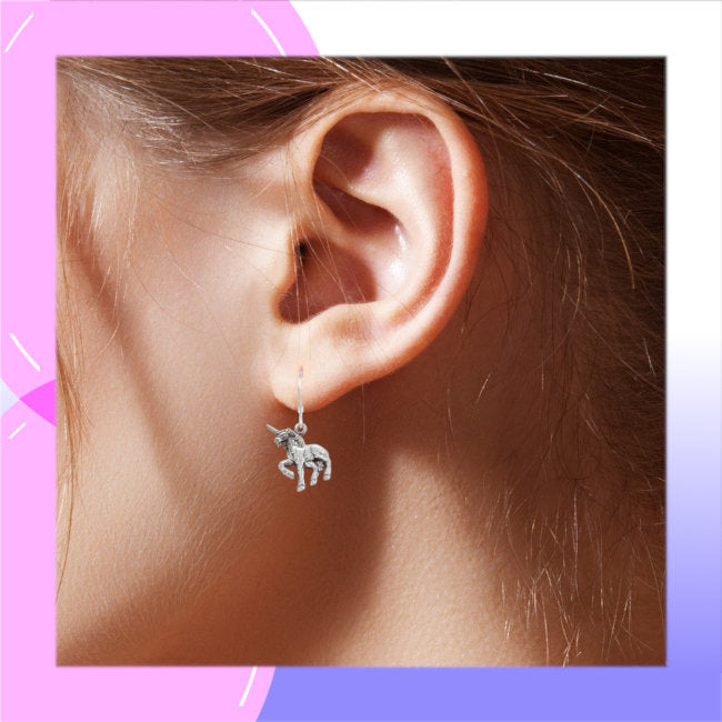 Unicorn Sterling Silver hook Earrings modelled