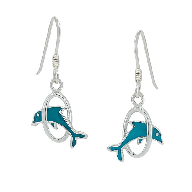 Dolphin in Hoop Sterling Silver hook Earrings with Enamels