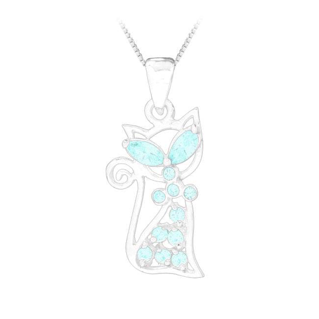 Cat Sterling Silver Pendant with Sky Blue Cubic Zirconia