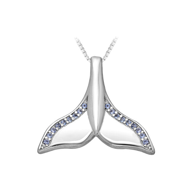 Whale Tail Sterling Silver Pendant with Blue Cubic Zirconia