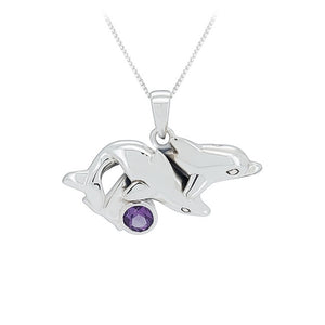 Dolphin Pair Sterling Silver Pendant with Amethyst