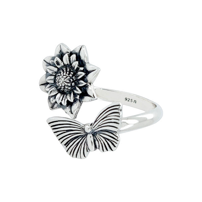 Butterfly & Flower Sterling Silver adjustable Ring