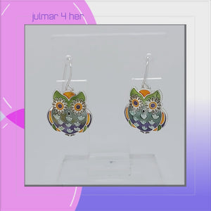 Owl Wide Eyed Sterling Silver plated dangle Earrings with Enamels viewed in 3d rotation