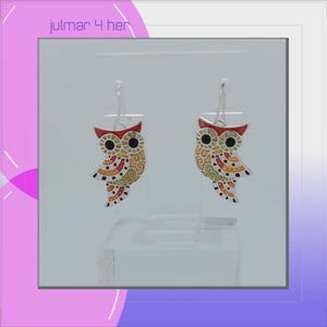 Owl Radiance Sterling Silver plated hook Earrings with Enamels viewed in 3d rotation