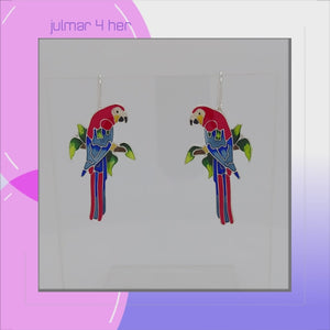 Macaw Parrot Sterling Silver plated hook Earrings with Enamels viewed in 3d rotation