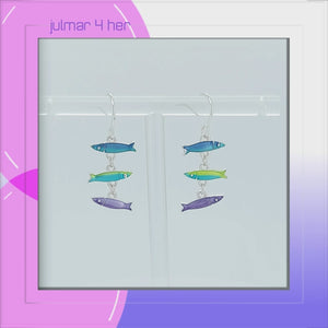 Fish Sterling Silver plated dangle Earrings with hand-painted Enamels viewed in 3d rotation