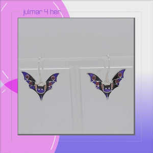 Bat Sterling Silver plated hook Earrings with Enamels & Crystals viewed in 3d rotation