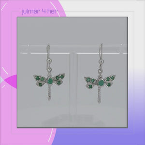 Dragonfly Sterling Silver Earrings with natural Emerald viewed in 3d rotation