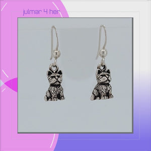 Cat with Fluffy Coat Sterling Silver hook Earrings in an oxidised finish viewed in 3d rotation