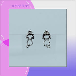 Cat with Glittering Collar Sterling Silver post Earrings with Cubic Zirconia viewed in 3d rotation