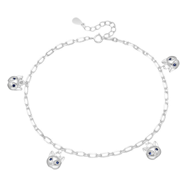 Cats Blue Eyed Sterling Silver Charms Anklet with Cubic Zirconia
