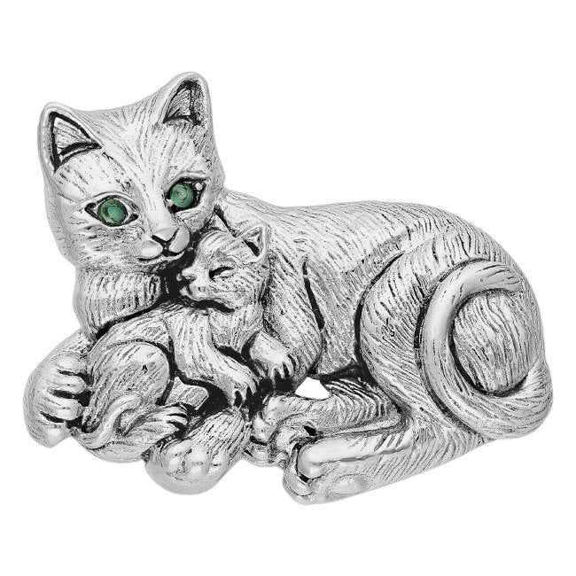Cat & Kitten Sterling Silver Pin with Emerald