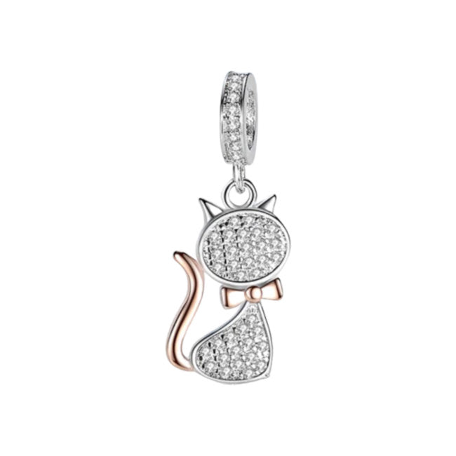 Cat Sterling Silver Dangle Charm with Rose Gold & Cubic Zirconia