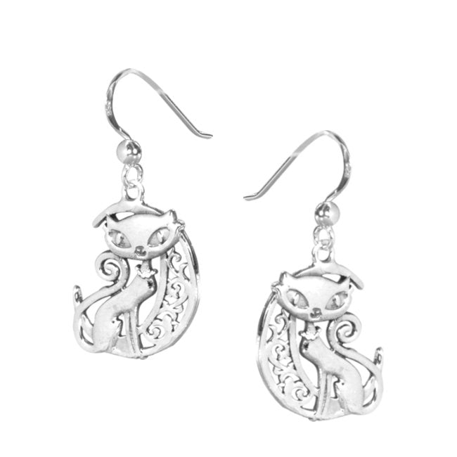 Cat with Crescent Moon Sterling Silver hook Earrings