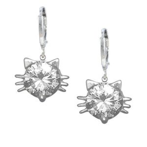 Whiskers Cat Face Earrings in Sterling Silver with White Cubic Zirconia