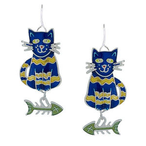 Cat and Fish Calypso Sterling Silver plated hook Earrings with Enamels