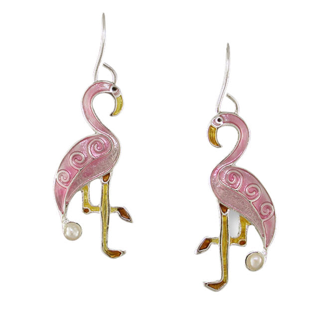 Flamingo Sterling Silver plated hook Earrings with Freshwater Pearl & Enamels
