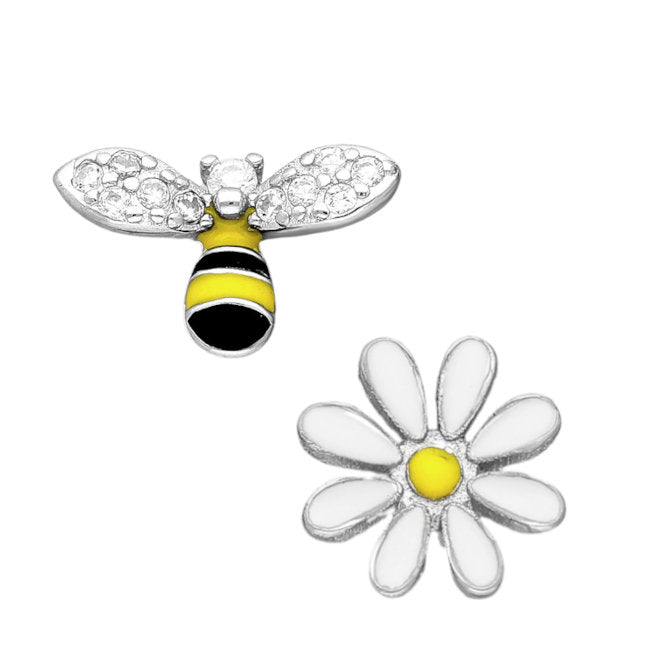 Bee & Flower Sterling Silver Asymmetrical stud Earrings with Enamels & CZ