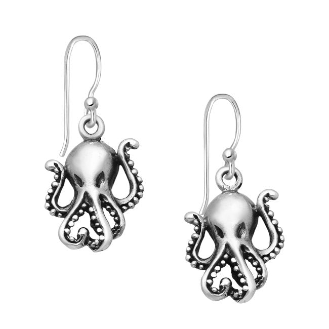 Octopus Sterling Silver hook Earrings with Oxidised Accents