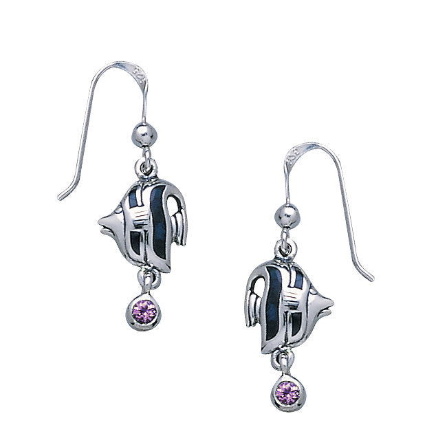 Angelfish Sterling Silver hook Earrings with Amethyst & Enamels