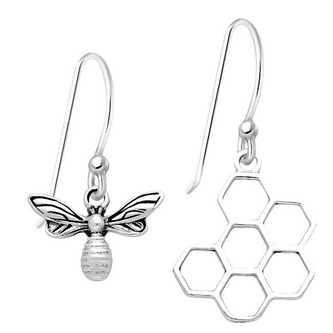 Bee & Beehive Asymmetrical Sterling Silver hook Earrings