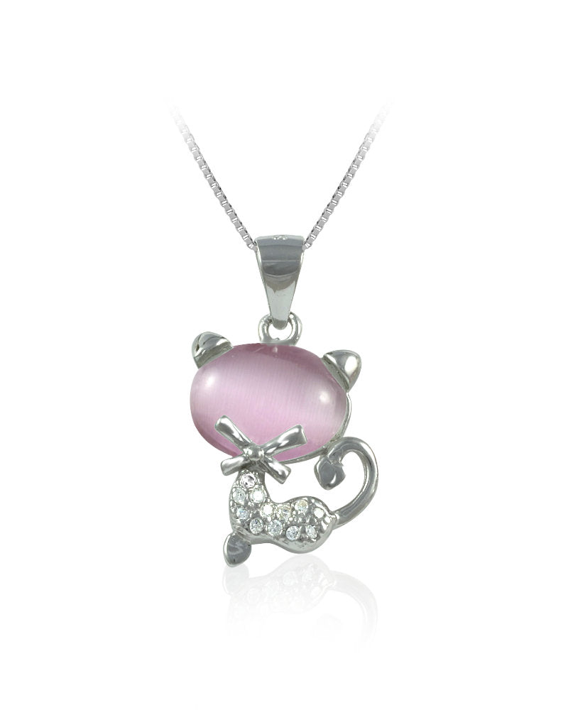 Cat Sterling Silver Pendant with Pink Lab-Created Moonstone & Cubic Zirconia