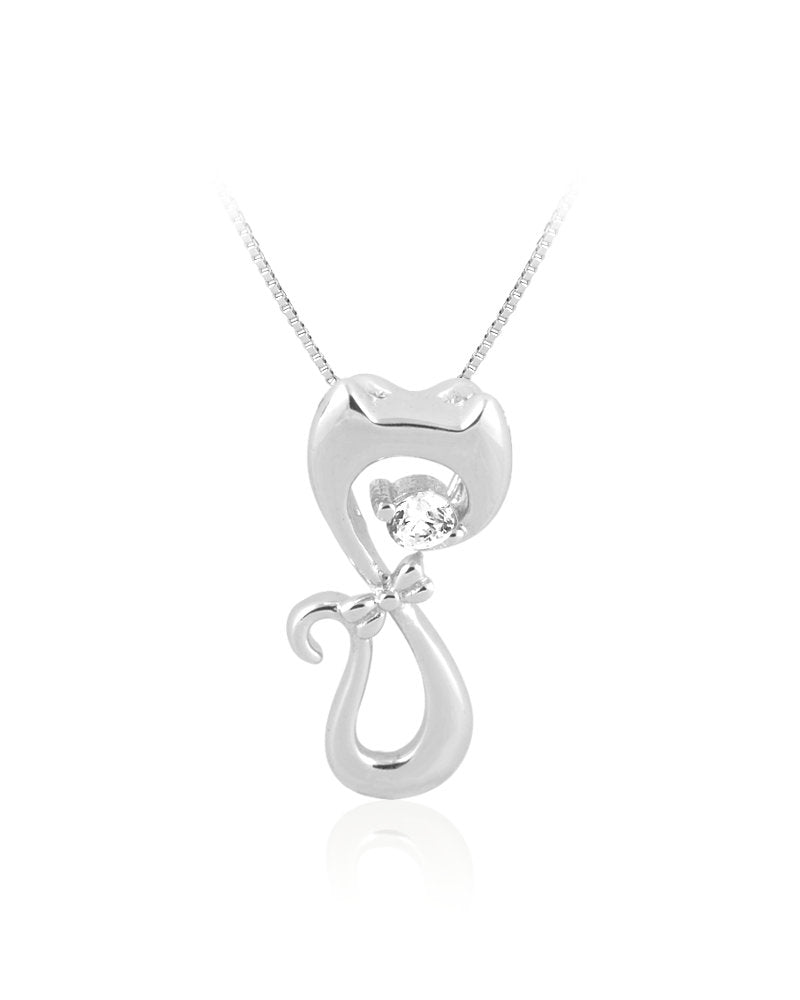 Cat with Bow Tie Sterling Silver Pendant with Cubic Zirconia
