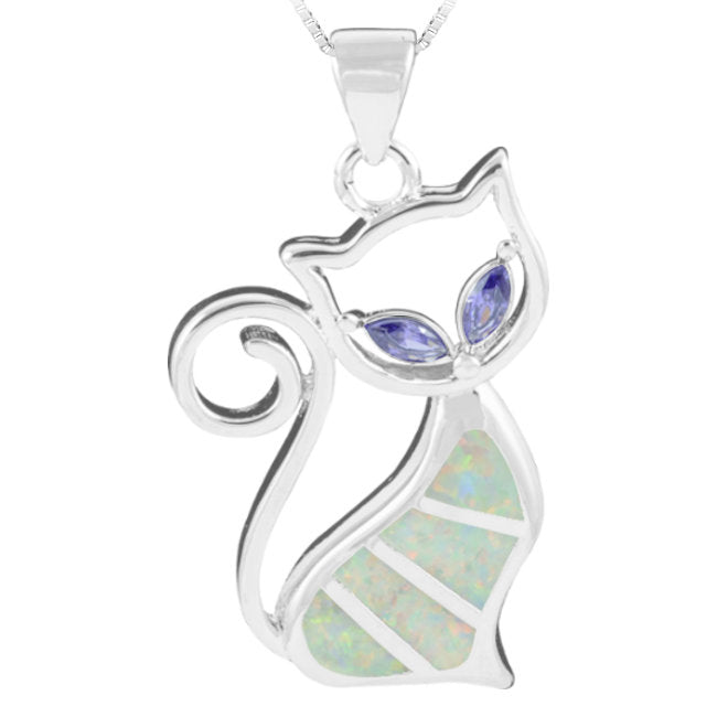 Cat Sterling Silver Pendant with Lab-Created White Opal & Cubic Zirconia