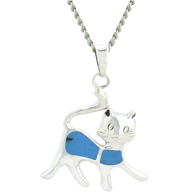 Stylish Cat Sterling Silver Pendant with Turquoise