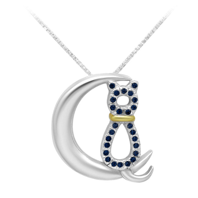 Cat on Moon Sterling Silver Pendant with Blue Cubic Zirconia