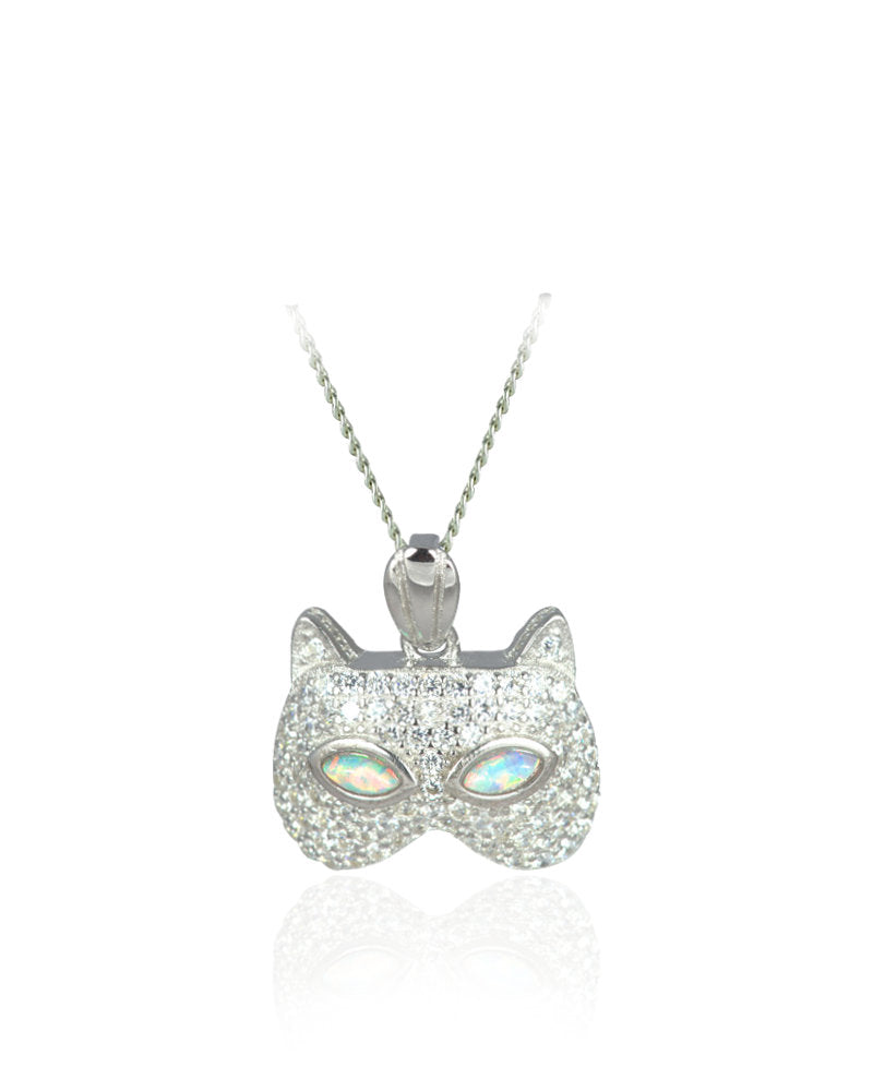 Mystic Cat Sterling Silver Pendant with White Lab-Created Opal & Cubic Zirconia 