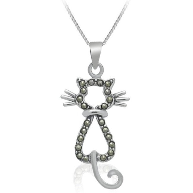 Cat Sterling Silver Pendant with Marcasite