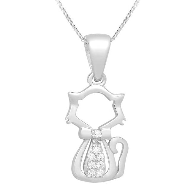 Cat with Bowtie Sterling Silver Pendant with Cubic Zirconia