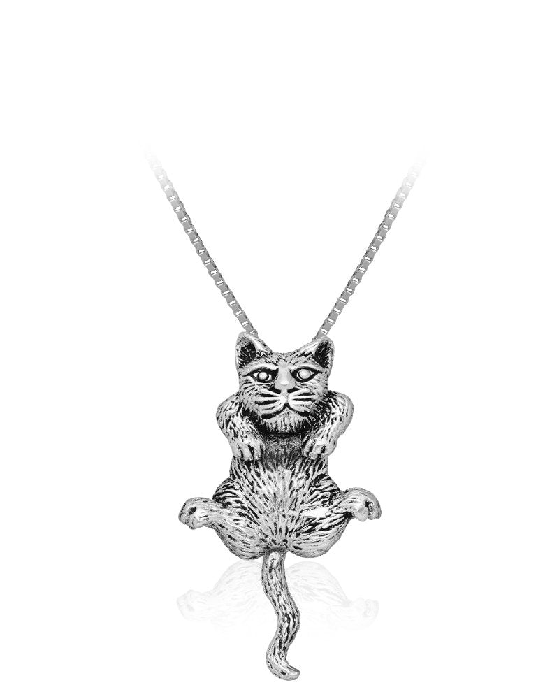 Fluffy Coat Cat Sterling Silver Pendant with Oxidised Accentsed Accents