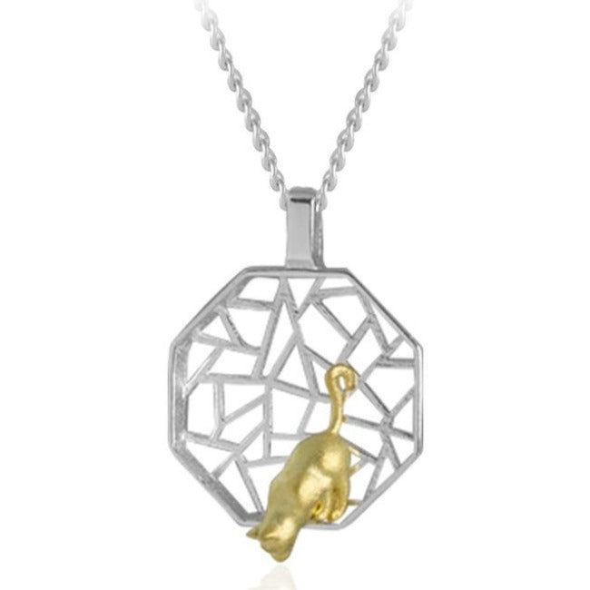 Looking Down Cat Sterling Silver Pendant with Gold Accents