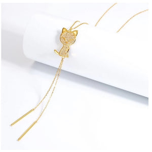Cat Lariat Sterling Silver double sided Necklace with Gold & Enamel overlay & Cubic Zirconia