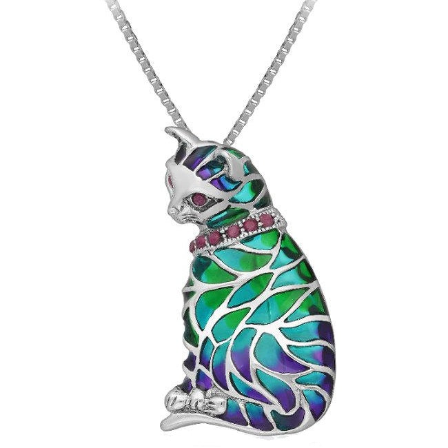Looking Down Cat Sterling Silver Pendant - Pin combo with Ruby & Enamel