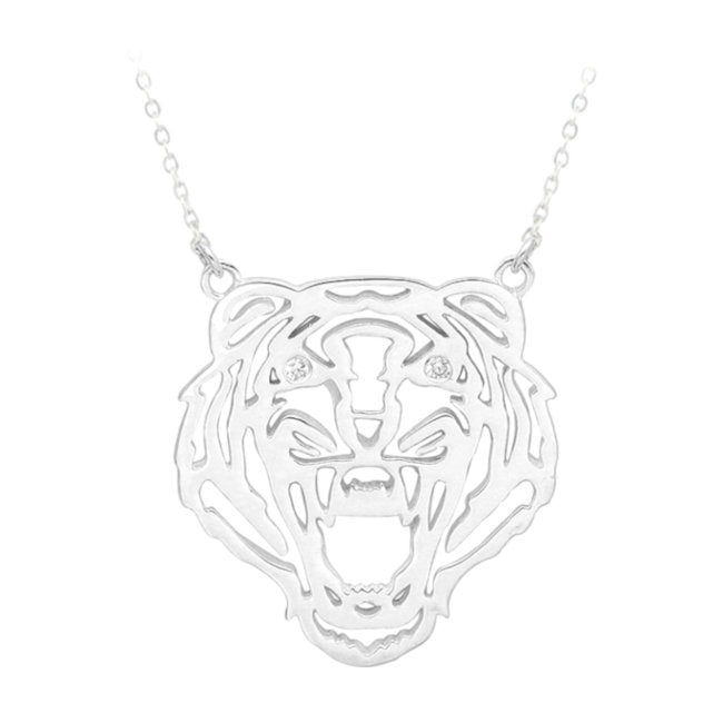 Tiger Face Sterling Silver Cutout Necklace with Cubic Zirconia