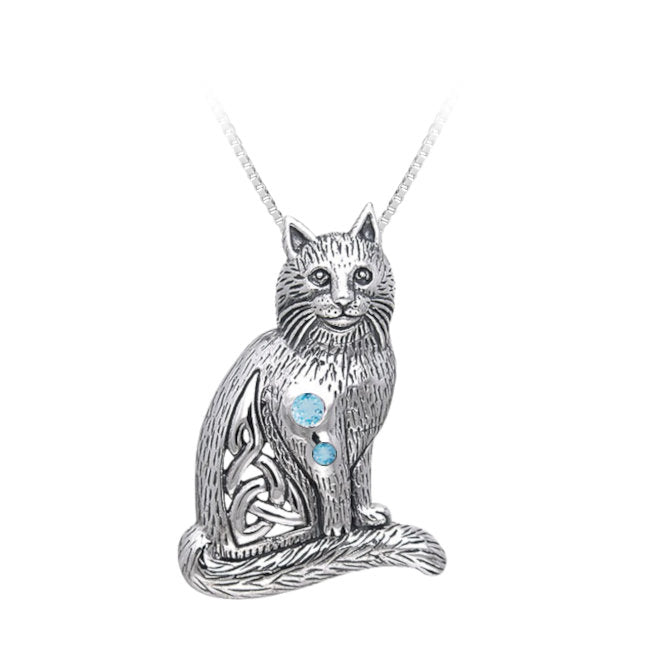 Cat Celtic Knotwork Sterling Silver Pendant with Blue Topaz