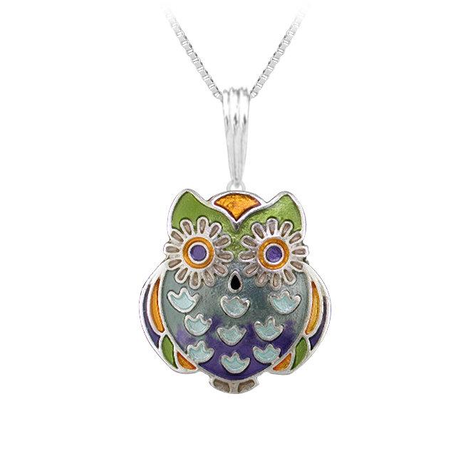 Owl Wide Eyed Sterling Silver plated Pendant with Enamels