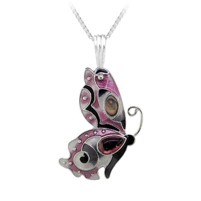 Butterfly Pendant with Sterling Silver plating & Garnet & Black Mother of Pearl