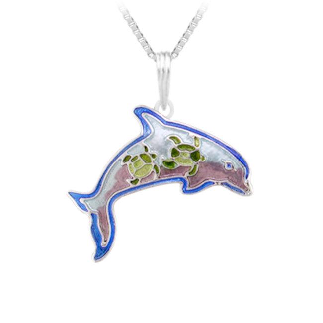 Dolphin Montage Sterling Silver Plated Pendant with Enamelsing & Enamels