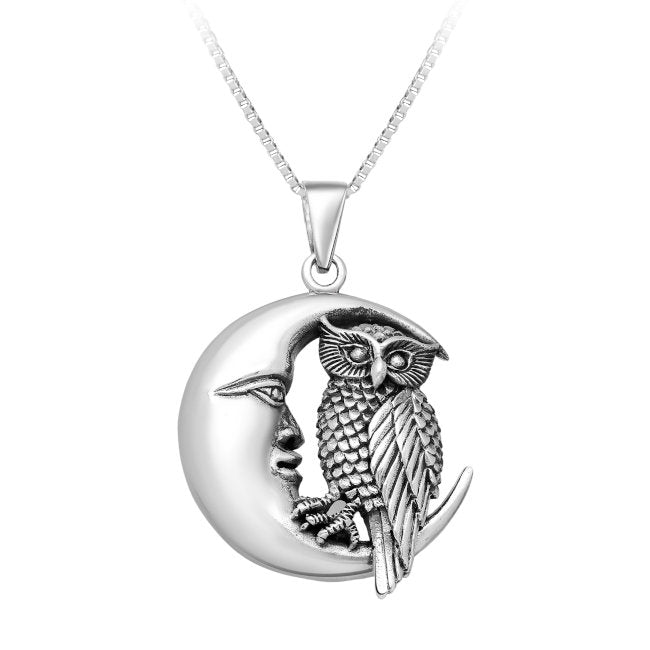 Owl & Moon Face Pendant in Sterling Silver with Oxidised Accents