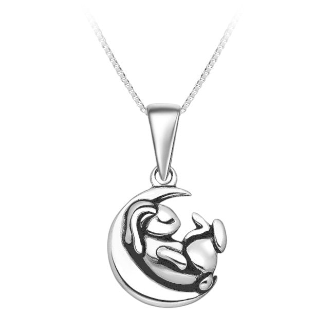 Dreaming Rabbit on Moon Sterling Silver Pendant