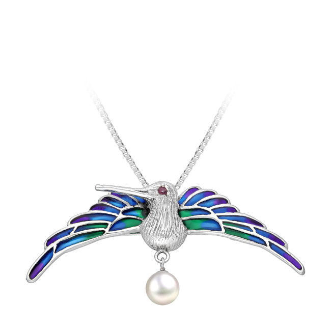 Hummingbird Sterling Silver Pendant - Pin Combo with Ruby, Pearl & Enamel