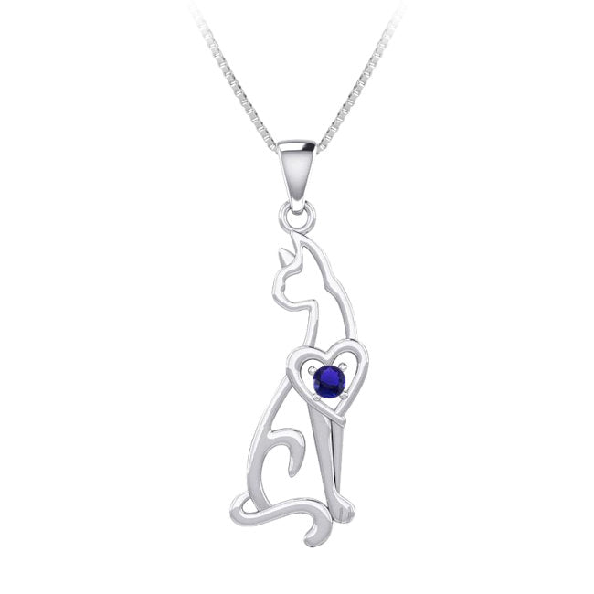 Cat & Heart Sterling Silver Pendant with lab-created Sapphire