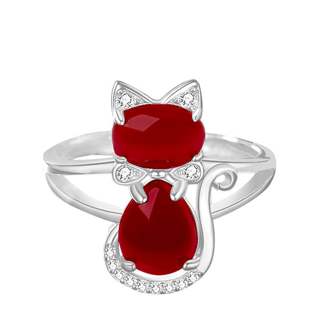 Harmony Cat Sterling Silver adjustable Ring with Red Agate