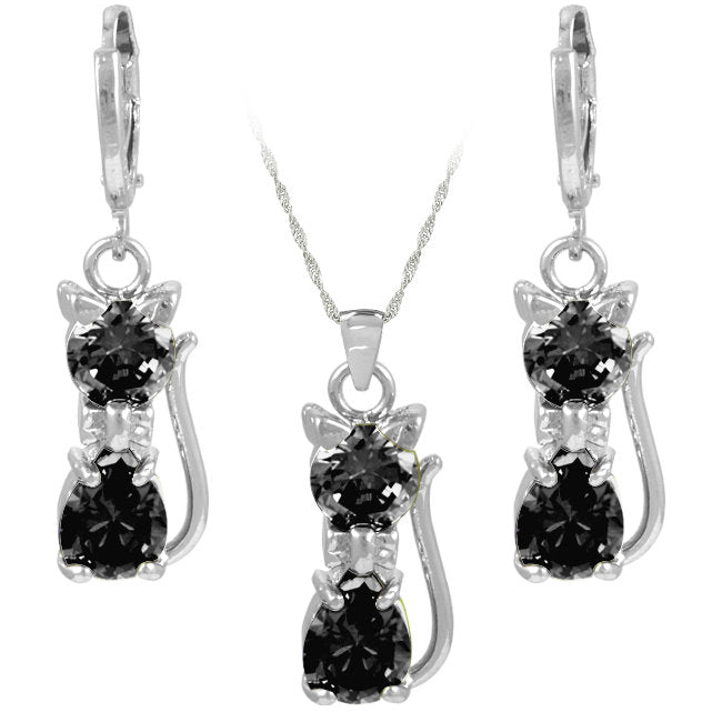 Cat Sterling Silver Jewellery Set with Black Crystals