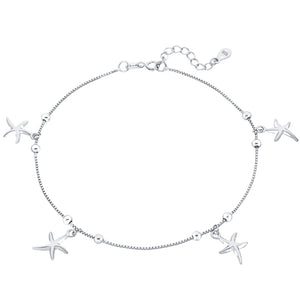 A sterling silver anklet with a chain structure and starfish charms.